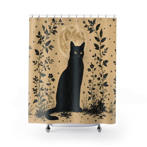 Black Cat Shower Curtain: Vintage Moon Botanical