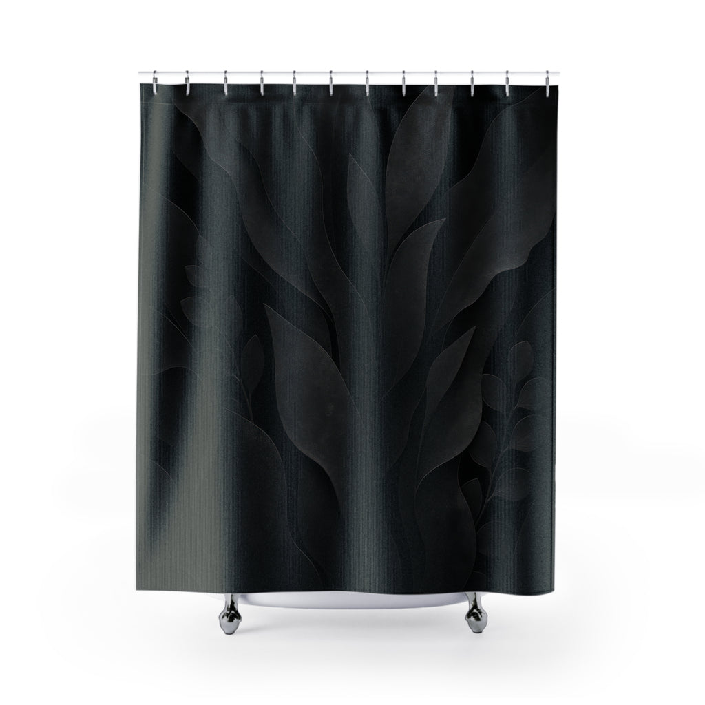 Black Floral Shower Curtain, Dark Botanical Bath Decor, Tone on Tone Leaf Pattern, Moody Guest Bathroom Decor, Black Garden Style Decor