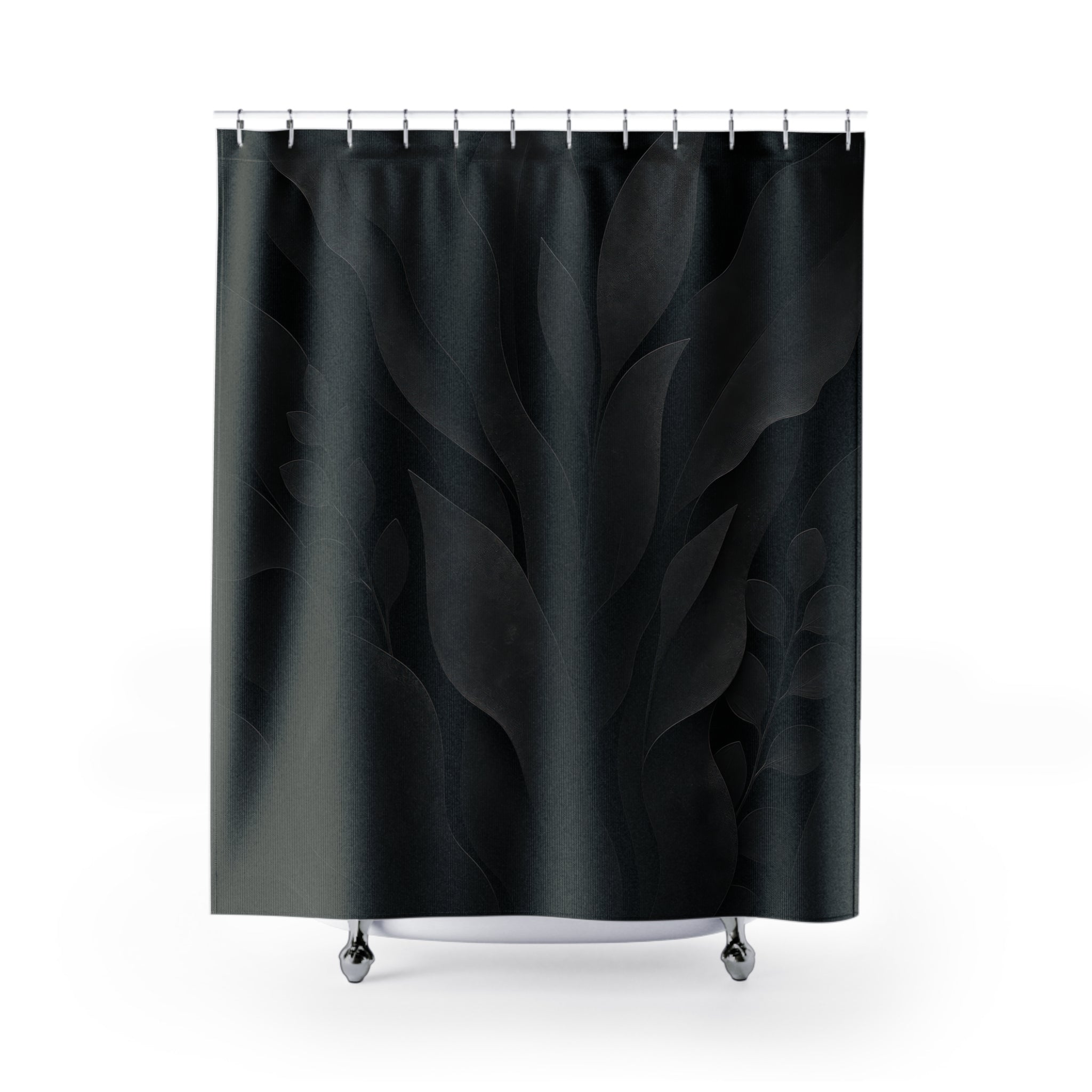 Black Floral Shower Curtain, Dark Botanical Bath Decor, Tone on Tone Leaf Pattern, Moody Guest Bathroom Decor, Black Garden Style Decor