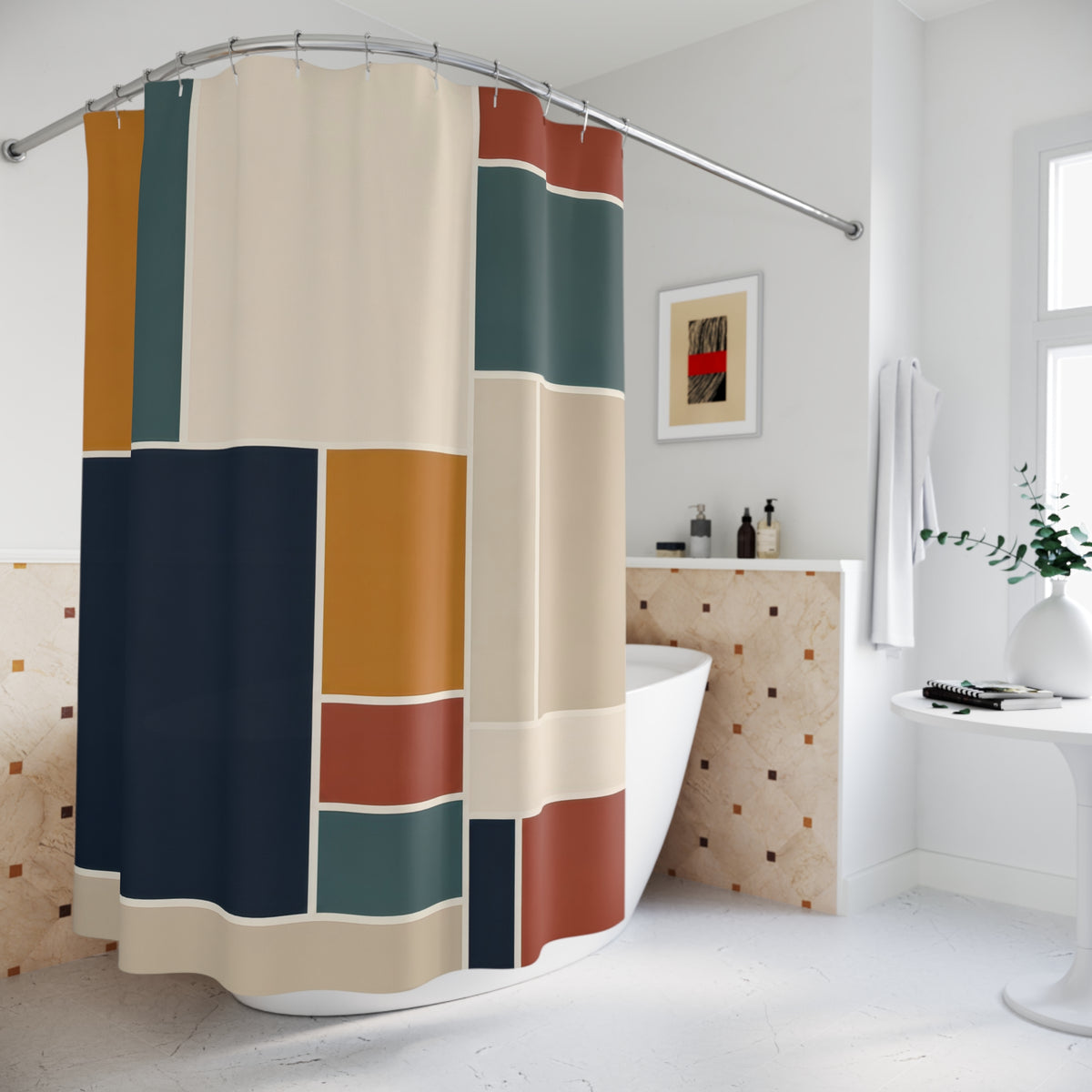 Navy ochre and teal geometric block grid shower curtain beside a freestanding tub