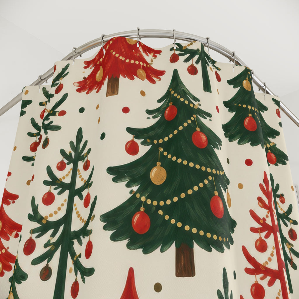 Red and green Christmas trees with gold garlands on ivory shower curtain with close-up print, hooks, and folds