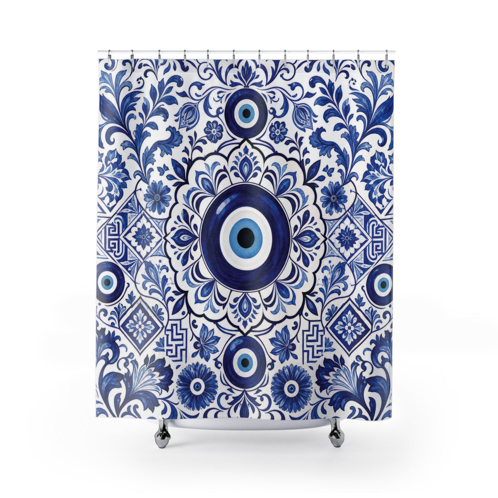 Evil Eye Shower Curtain: Blue White Greek Tile