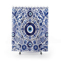 Evil Eye Shower Curtain: Blue White Greek Tile