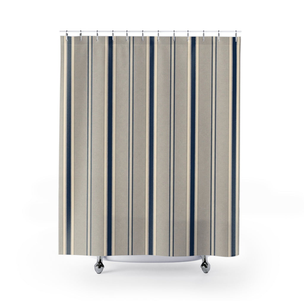 Navy Gray Cream Pinstripe Shower Curtain