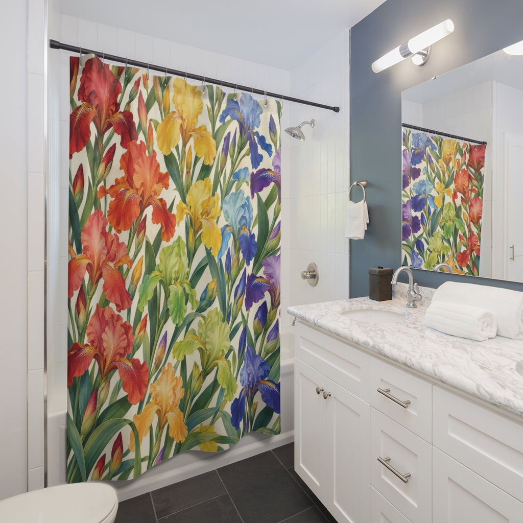 Rainbow iris flowers and green leaves on warm ivory shower curtain beside a white vanity