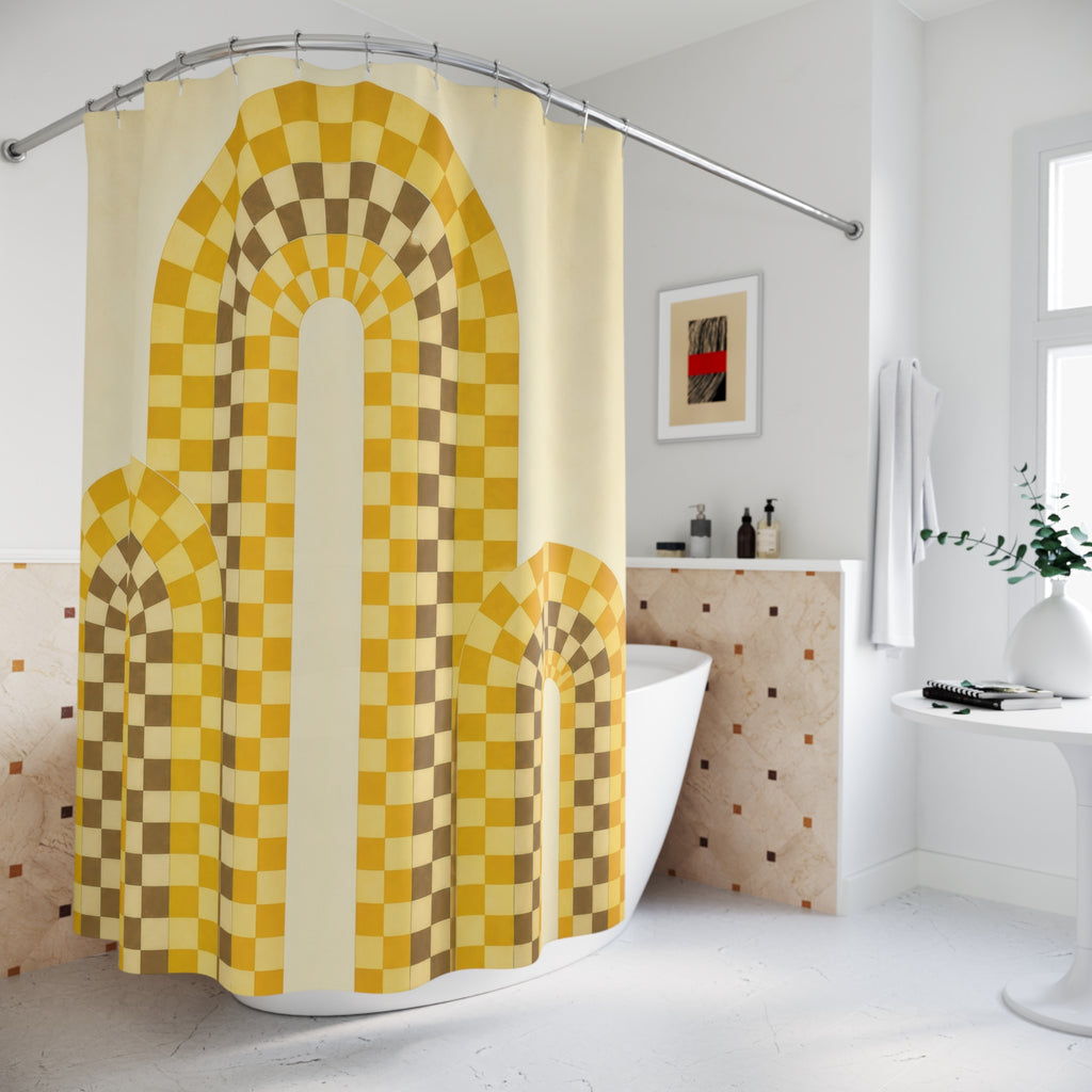 Mustard yellow checker arches on cream shower curtain beside a freestanding tub