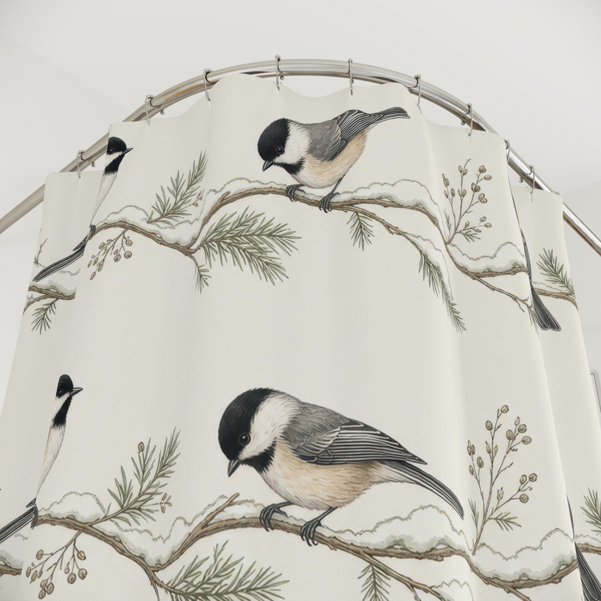 Chickadees on snowy branch stripes shower curtain with close-up print, hooks, and folds