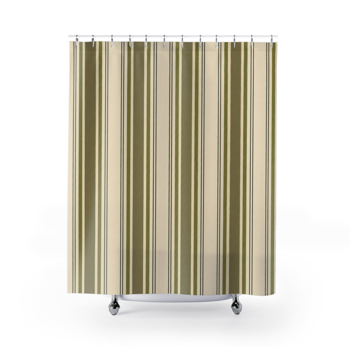 Olive Ticking Stripe earthy moss shower curtain with full front view