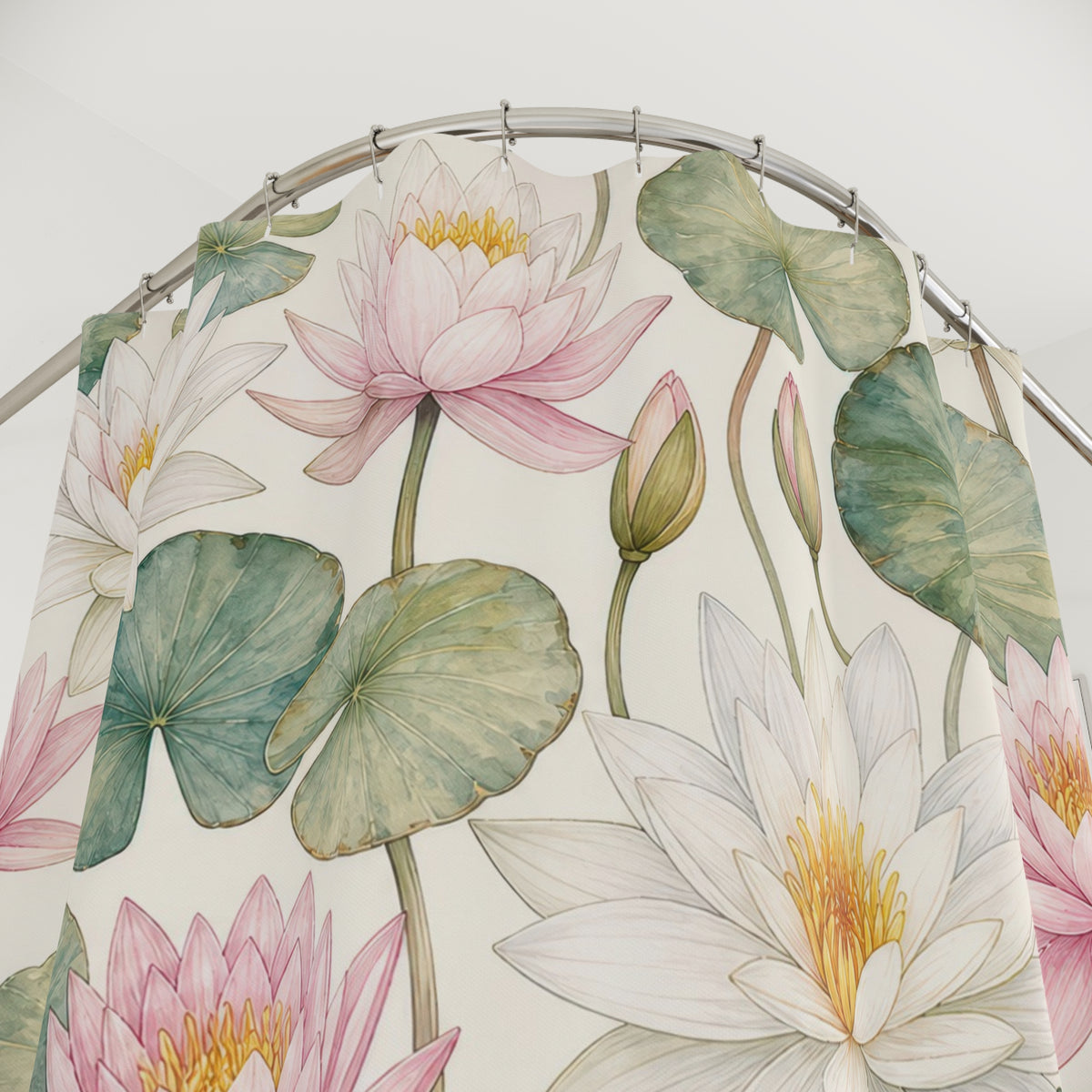 Pink White Water Lily Botanical shower curtain with close-up print, hooks, and folds