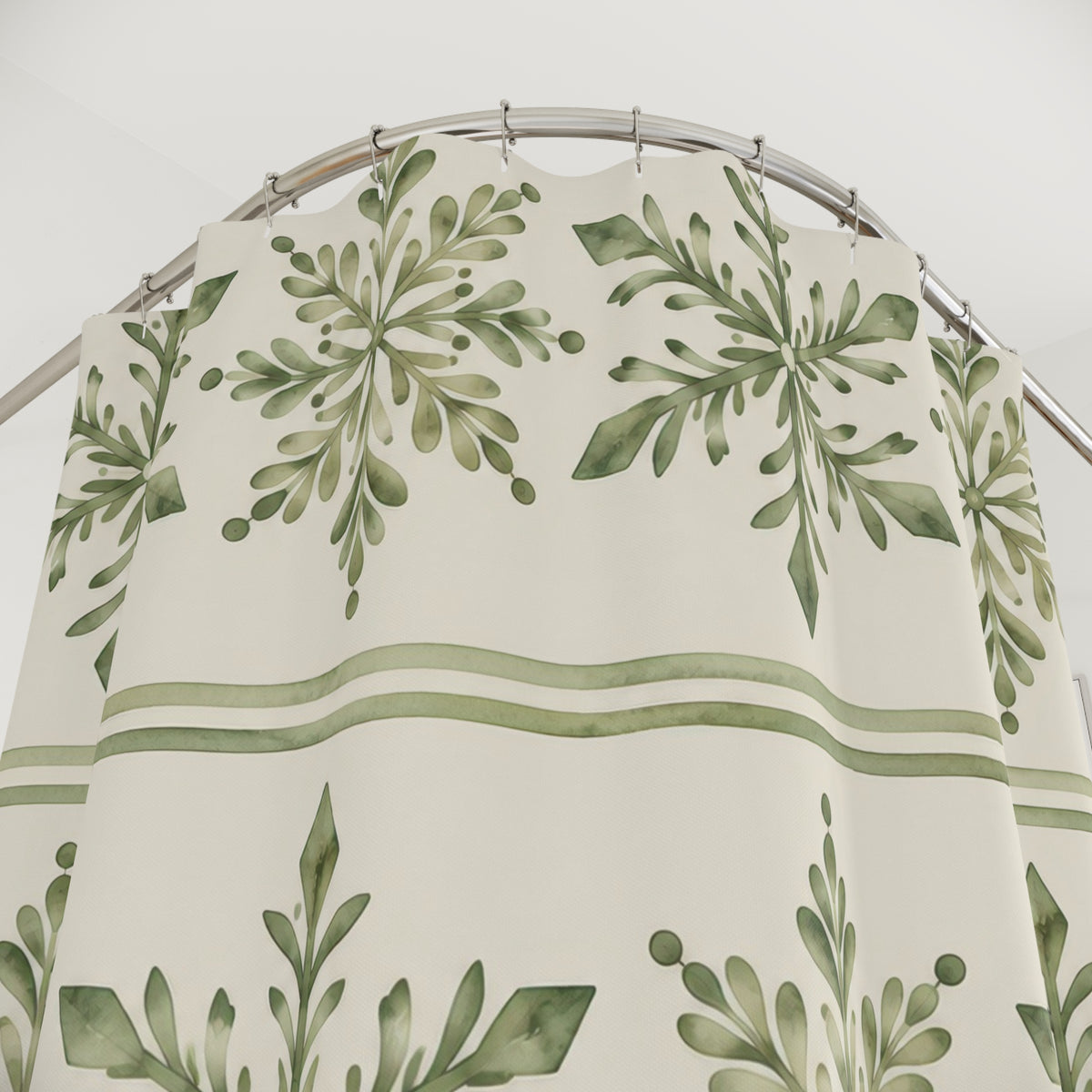 Sage leafy snowflakes in cream bands with green stripes shower curtain with close-up print, hooks, and folds