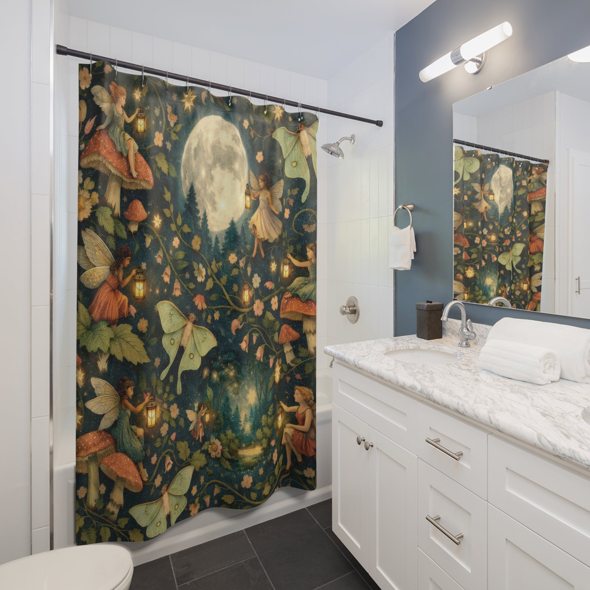 Fairy Shower Curtain – Teal Moonlit Forest