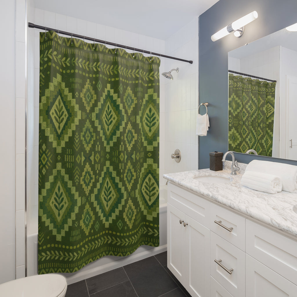 Green Boho Shower Curtain, Ikat Diamond Bath Decor, Olive Geometric Pattern, Folk Style Guest Bathroom Decor, Earthy Bohemian Style