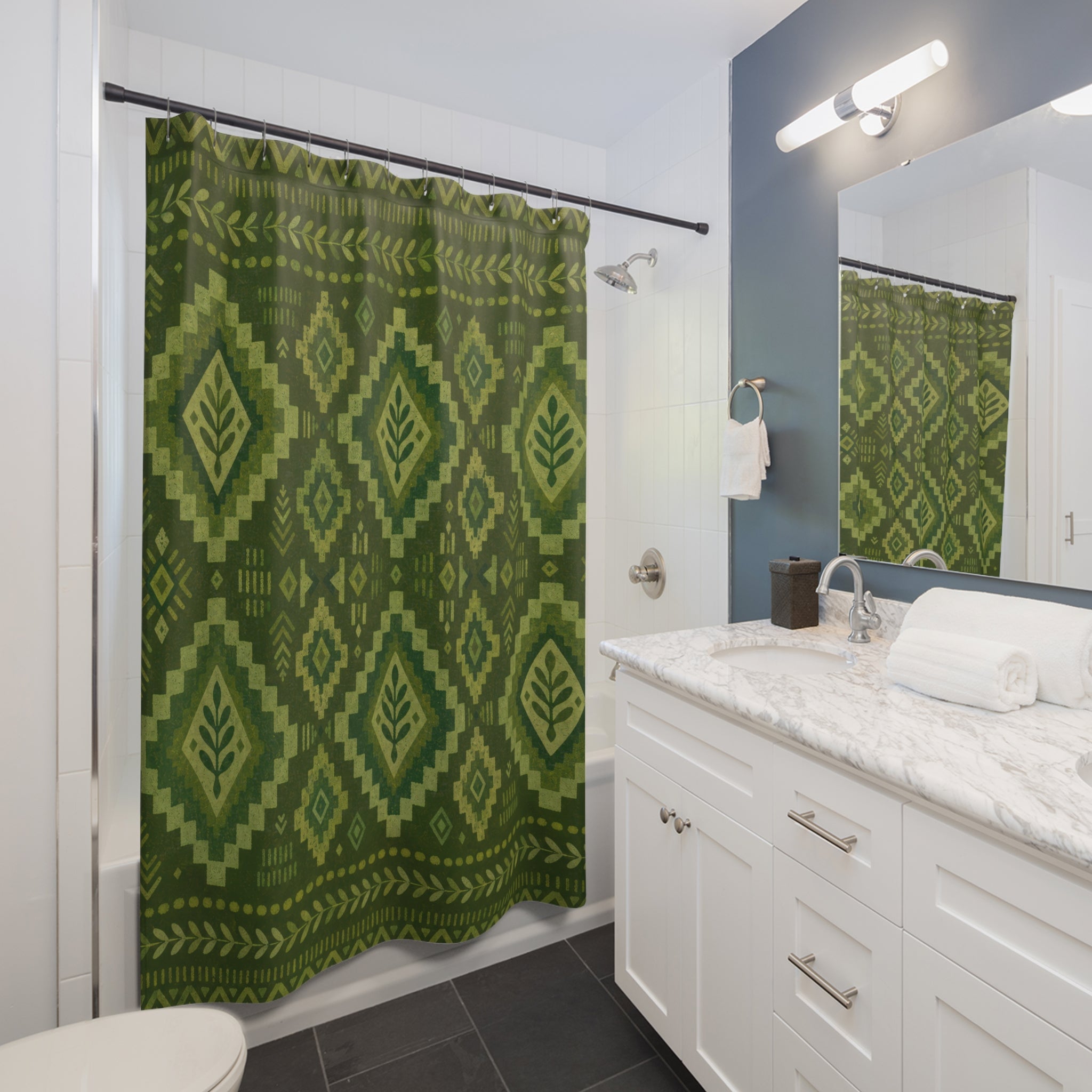 Green Boho Shower Curtain, Ikat Diamond Bath Decor, Olive Geometric Pattern, Folk Style Guest Bathroom Decor, Earthy Bohemian Style