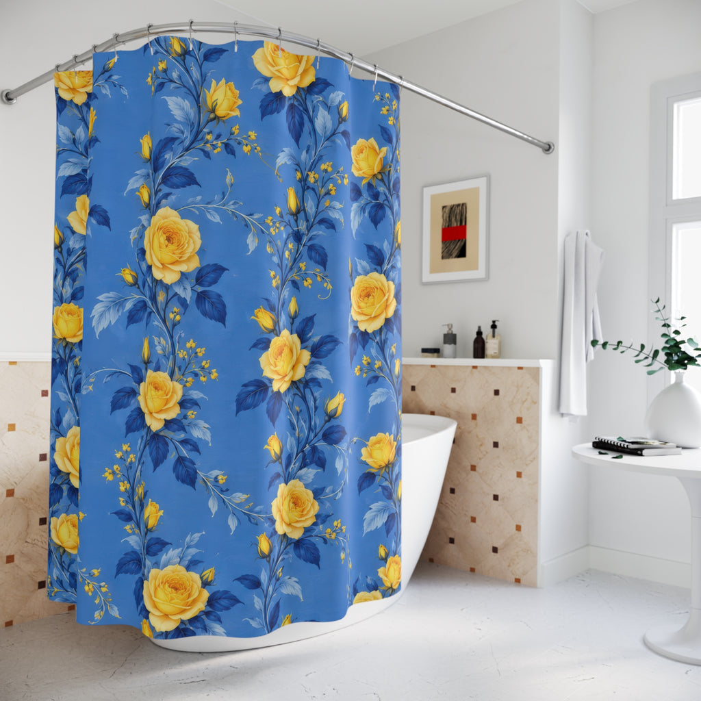Yellow rose garlands with blue leaves on cornflower blue shower curtain beside a freestanding tub