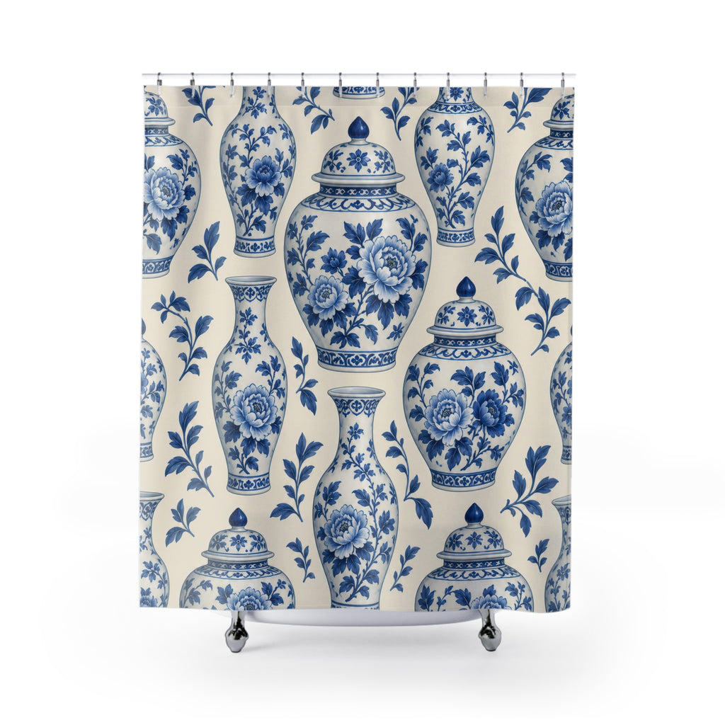 Blue and ivory Chinoiserie ginger jars shower curtain with full front view
