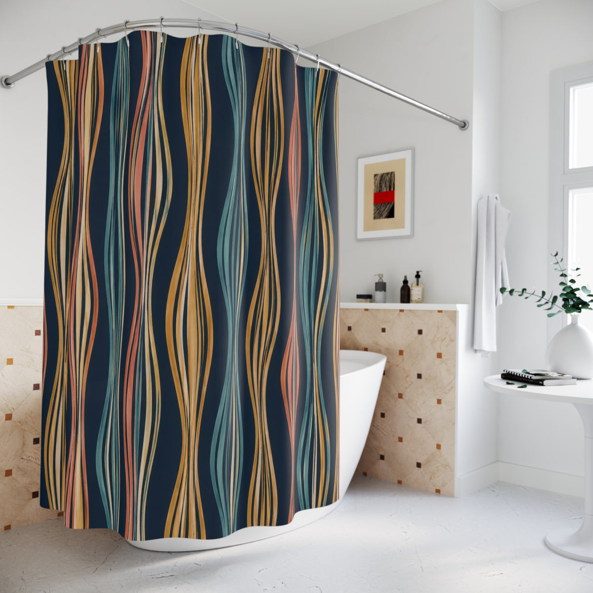 Navy Hand Drawn Line Vertical Stripes Shower Curtain