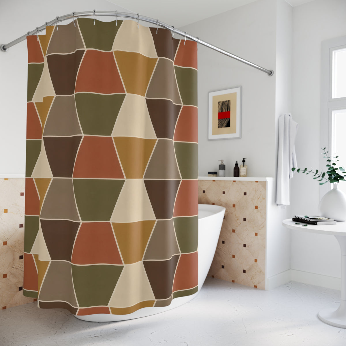 Terracotta and olive trapezoids with cream lines shower curtain beside a freestanding tub