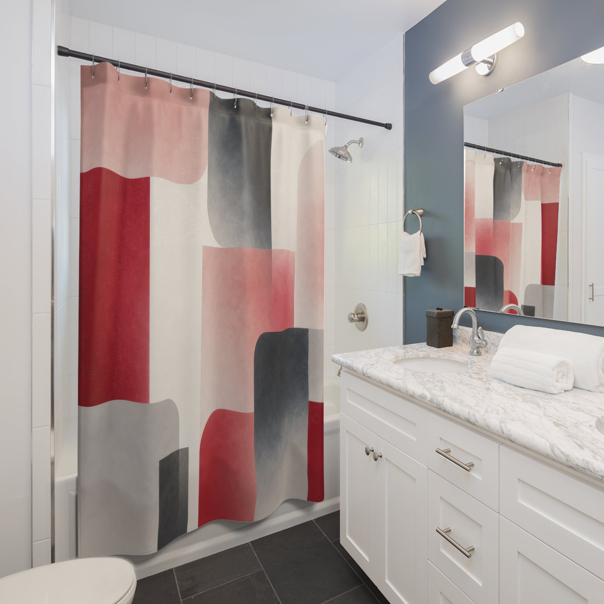 Red Pink Gray Modern Geometric Shower Curtain