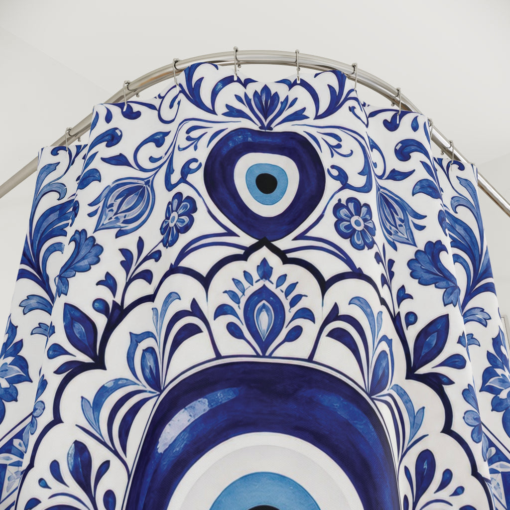 Evil Eye Shower Curtain: Blue White Greek Tile
