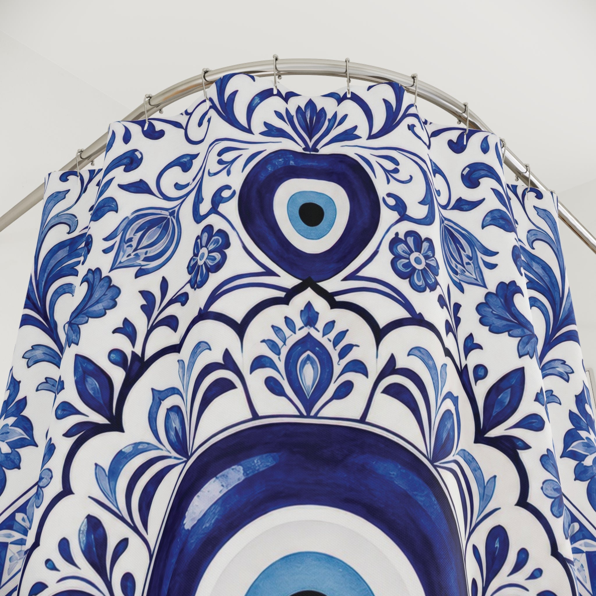 Evil Eye Shower Curtain: Blue White Greek Tile