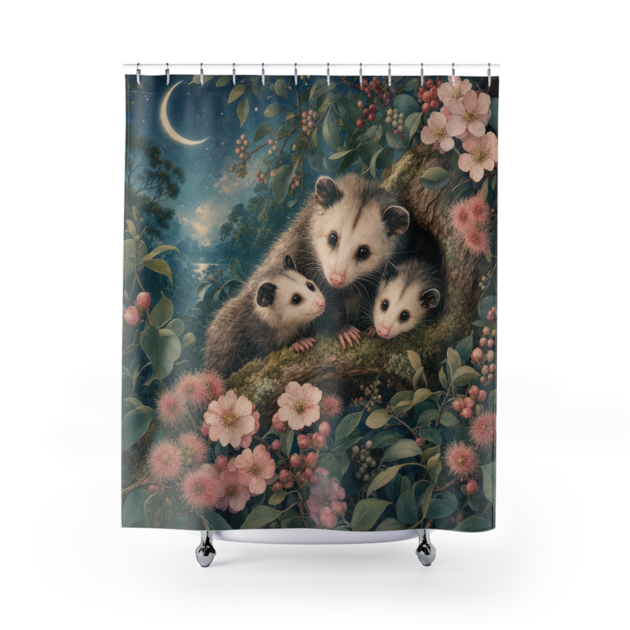 Possum Shower Curtain: Cute Woodland Animal Floral