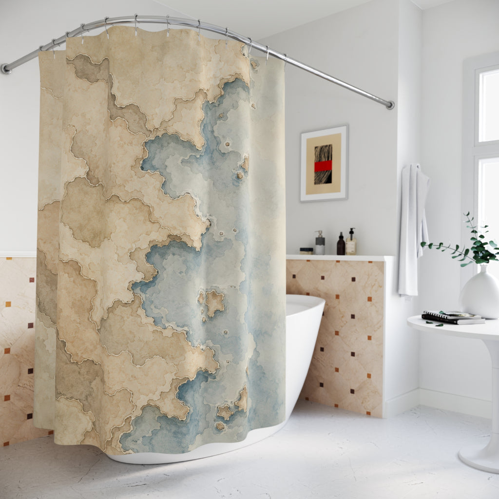 Beige coastline watercolor map shower curtain beside a freestanding tub