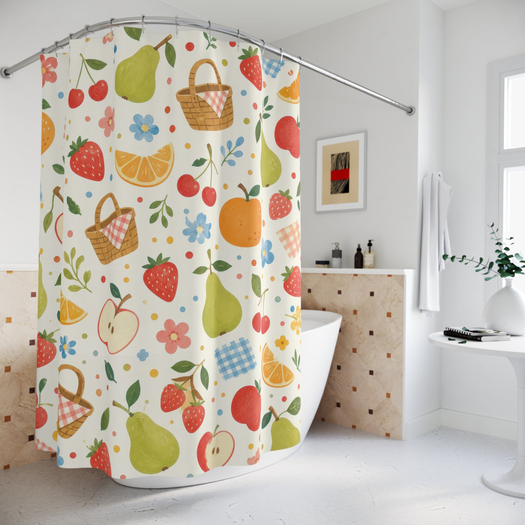 Kids Fruit Shower Curtain, Apple Pear Strawberry Snack Pattern, Colorful Kitchen Bathroom Decor, Playroom Kitchen Wall Guest Bath Gift