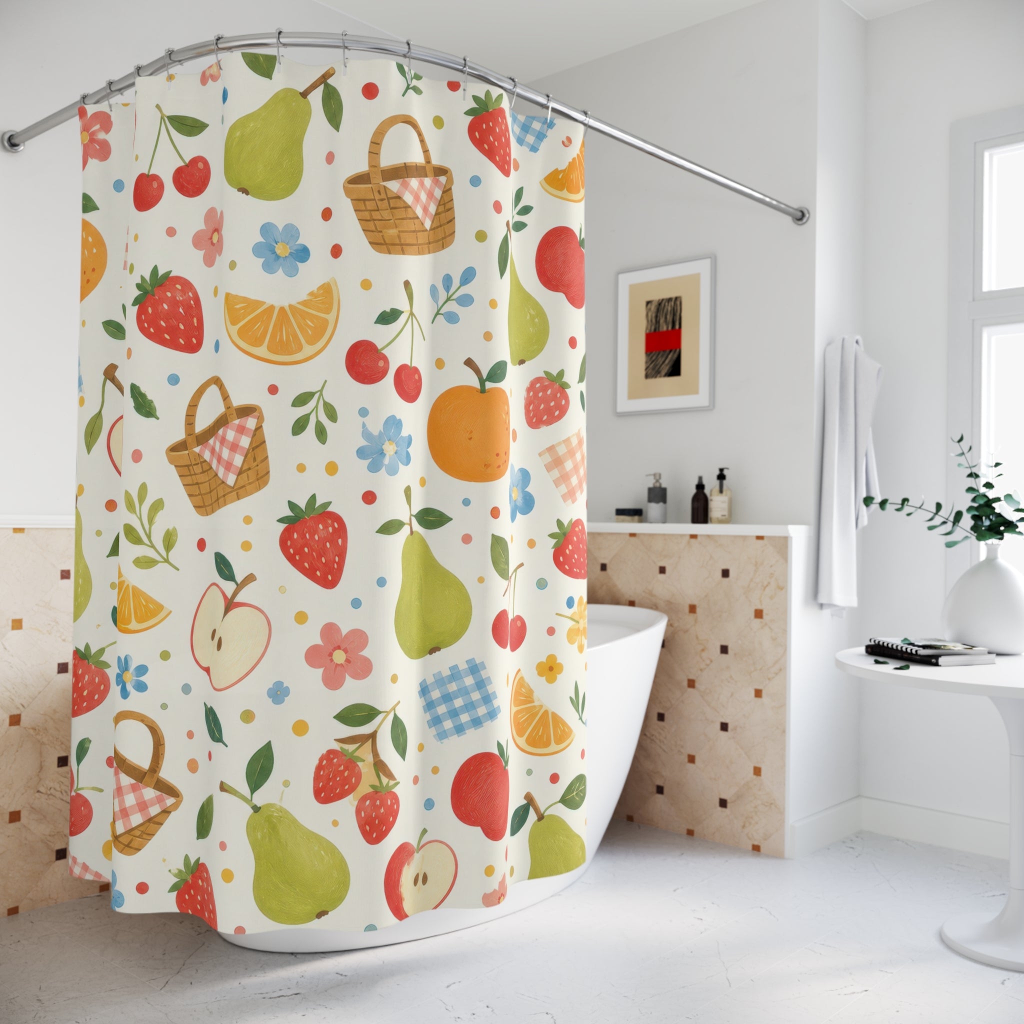 Kids Fruit Shower Curtain, Apple Pear Strawberry Snack Pattern, Colorful Kitchen Bathroom Decor, Playroom Kitchen Wall Guest Bath Gift