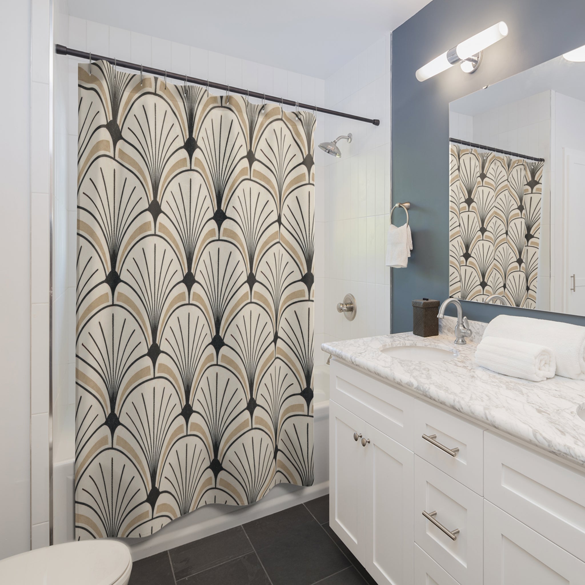 Black Beige Fan Arch Shower Curtain