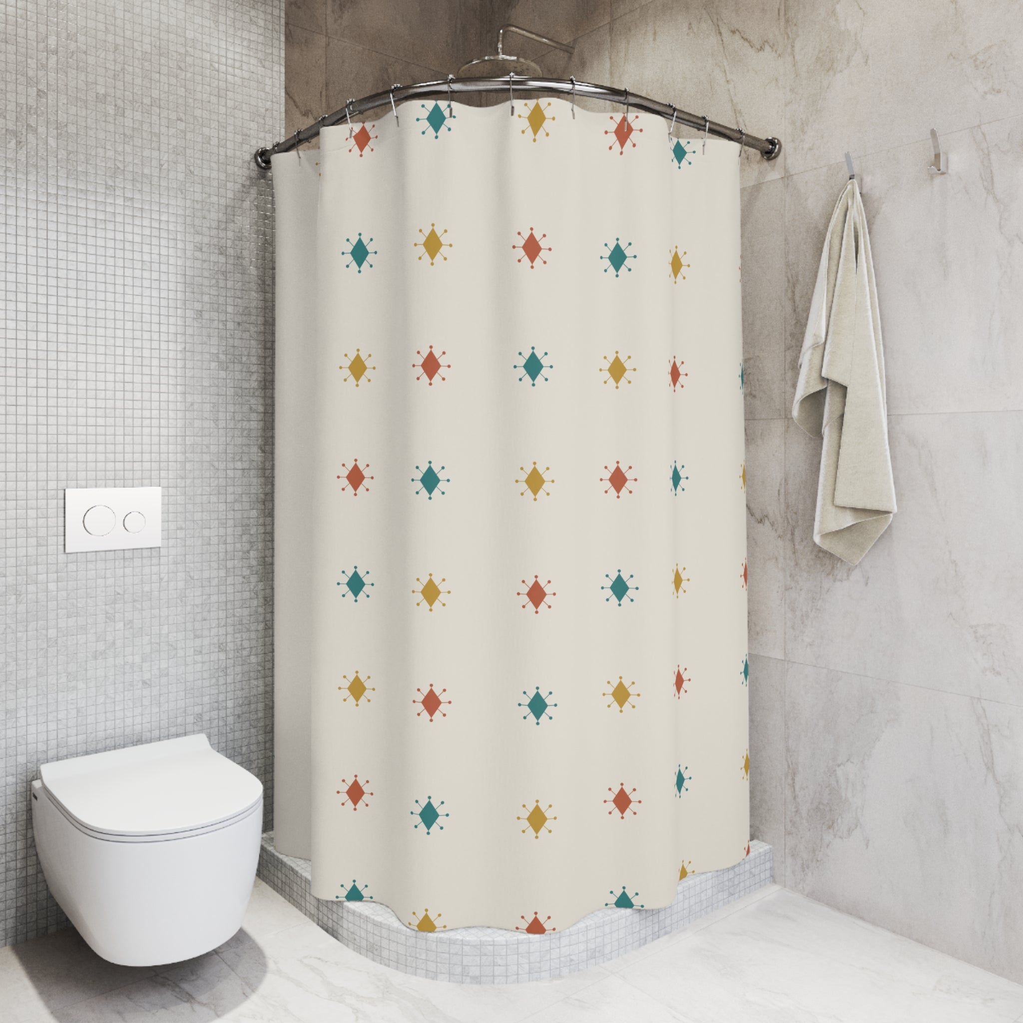 Mid Century Starburst Shower Curtain – Teal and Gold