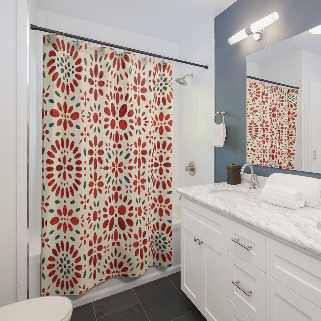Green Medallion Red Floral Shower Curtain