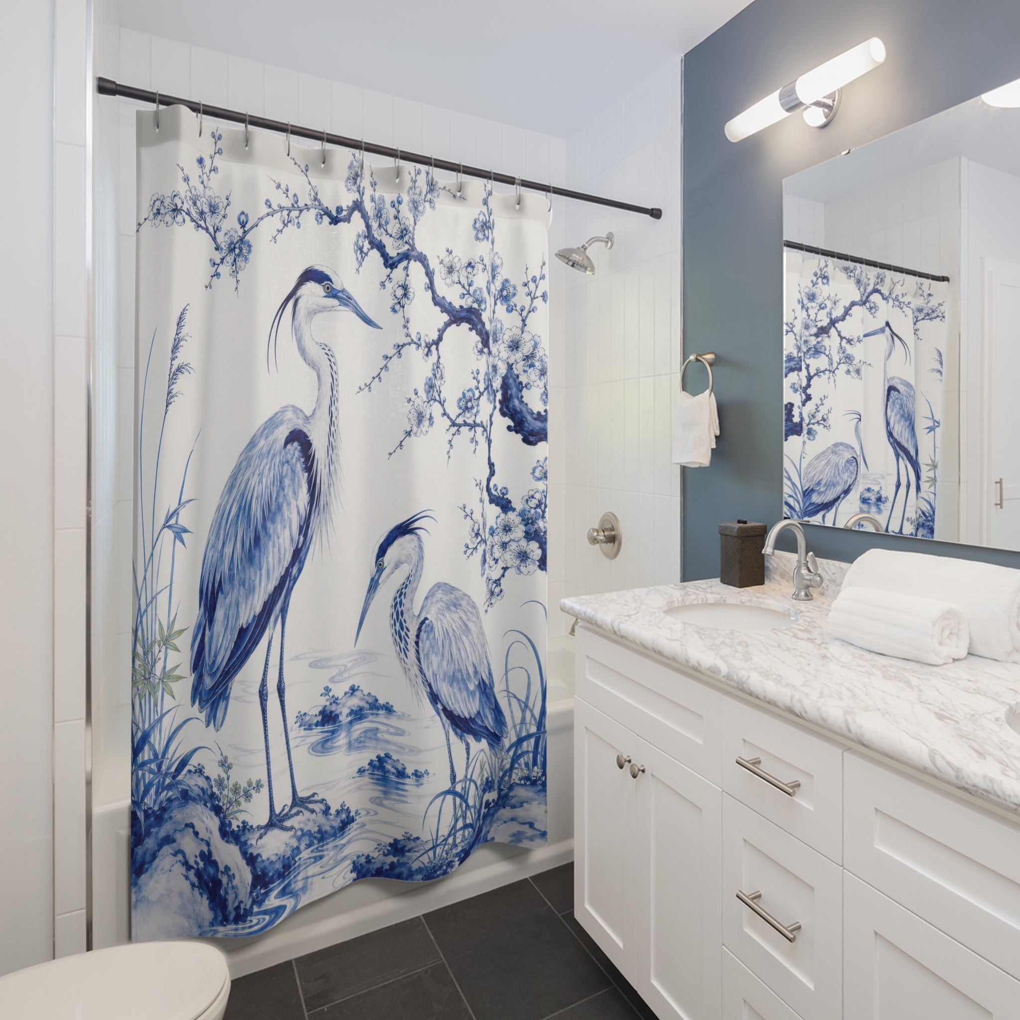 Cobalt Heron Elegant Shower Curtain
