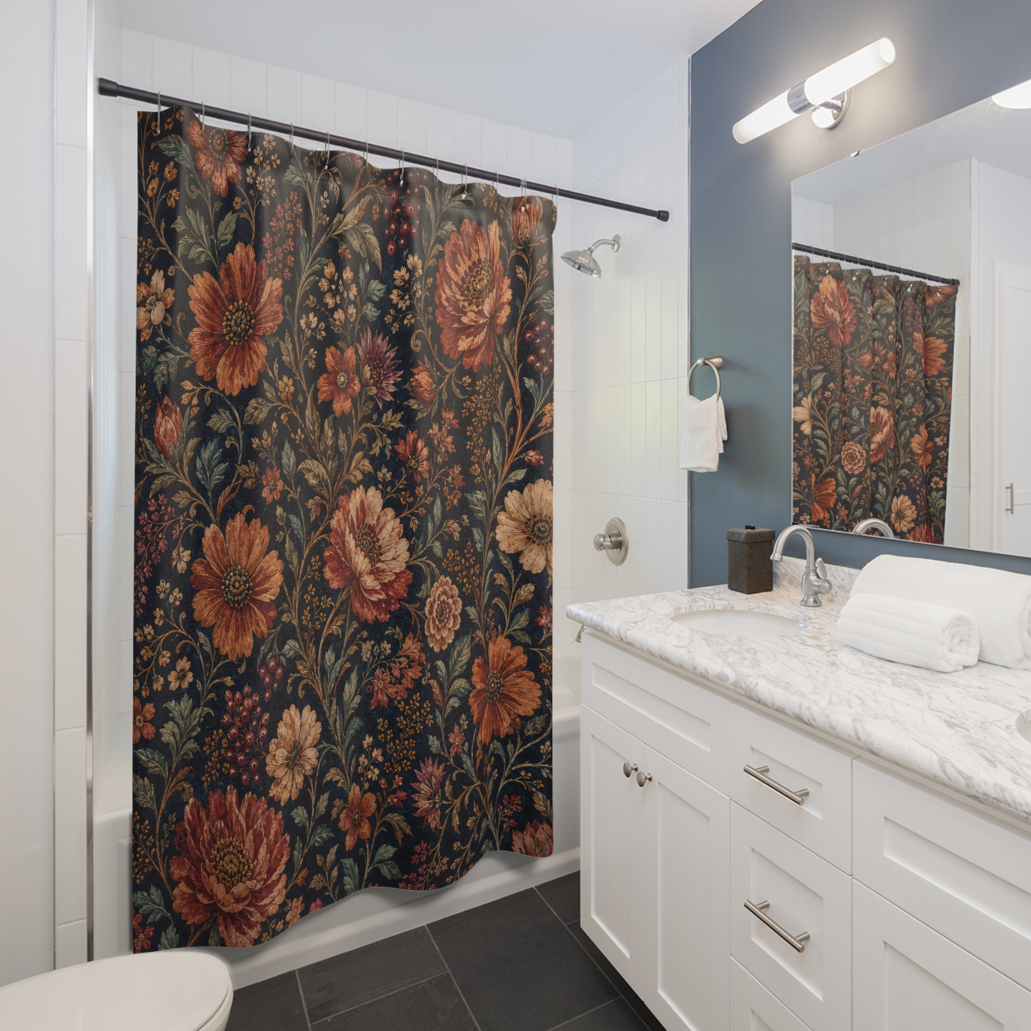 Navy Boho Botanical Dark Floral Shower Curtain