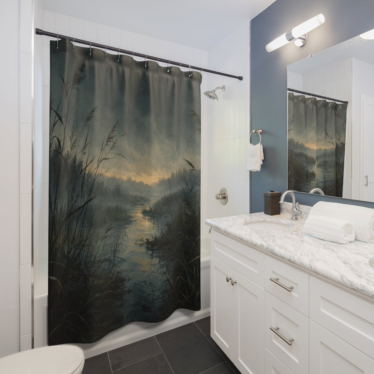 Twilight marsh with dark reeds and a misty pale waterway shower curtain beside a white vanity