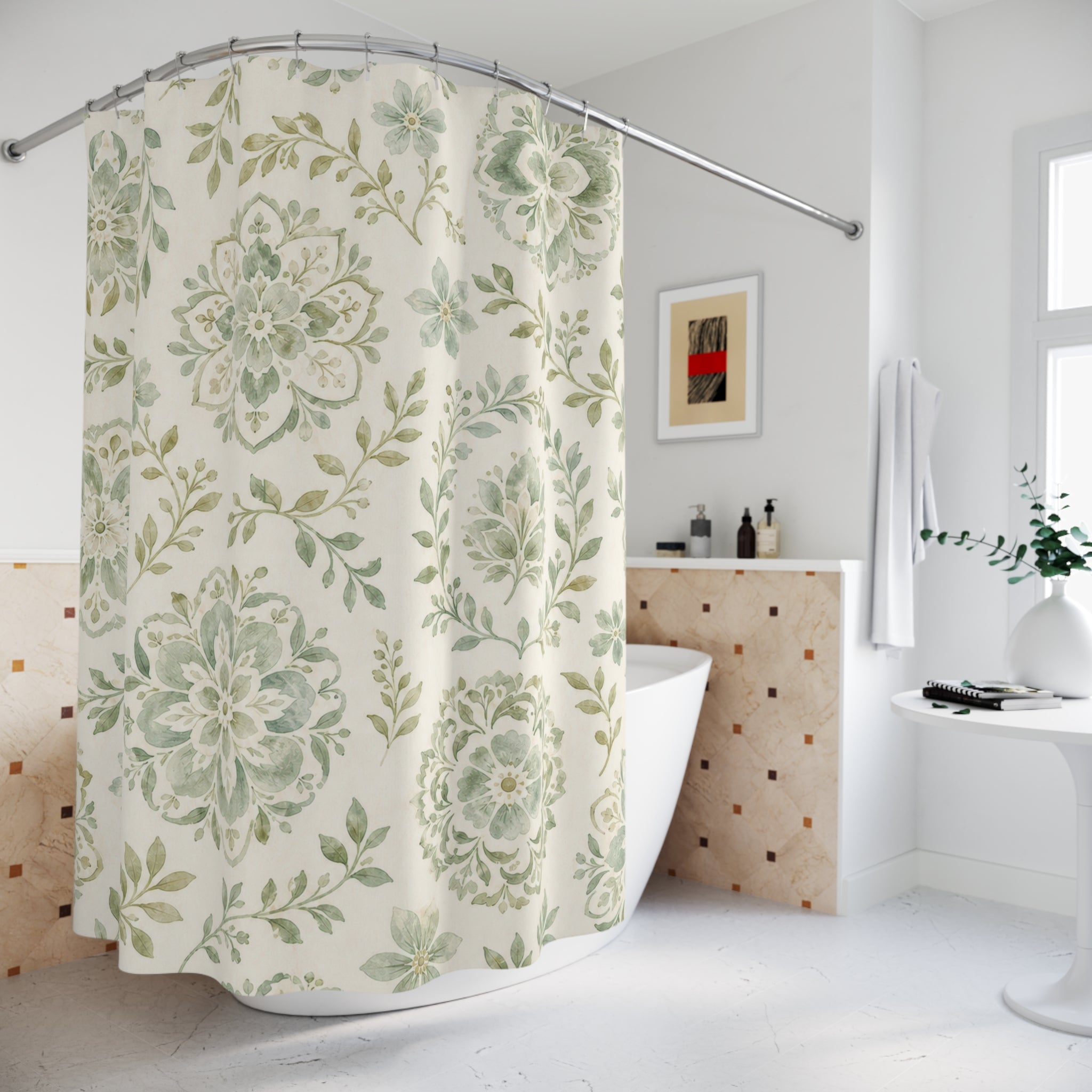 Pale Jade Medallion Print Shower Curtain