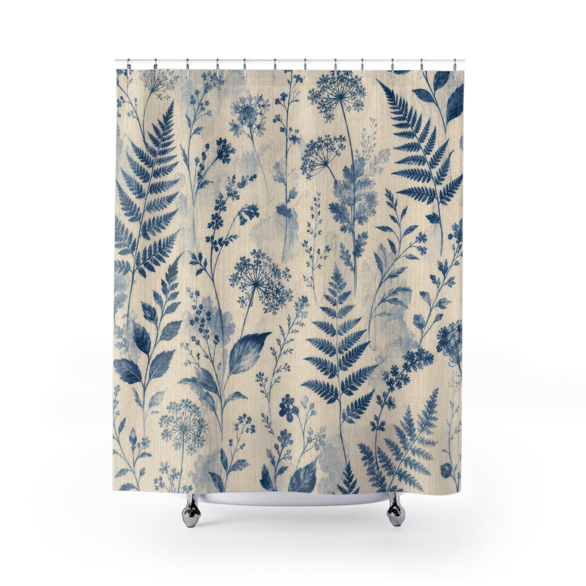 Blue Botanical cyanotype farmhouse white shower curtain with full front view