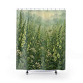 Green foxglove bells and ivory flowers in a misty meadow shower curtain with full front view