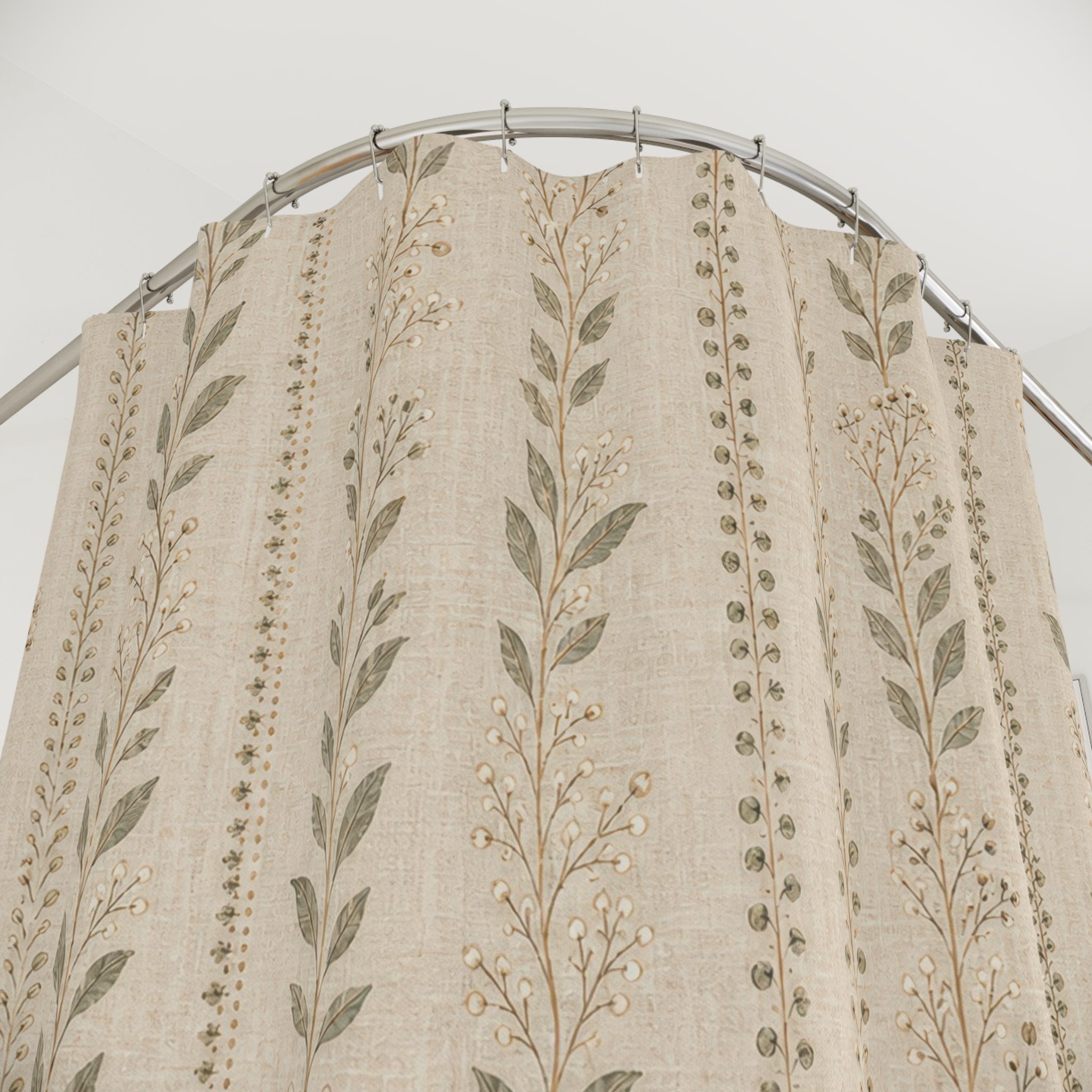 Beige Floral Stripe Farmhouse Shower Curtain