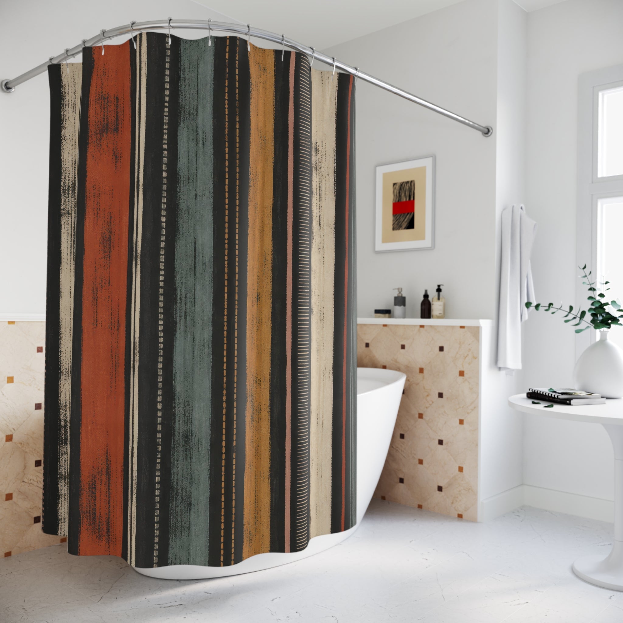 Blush Coral Terracotta Watercolor Stripe Shower Curtain