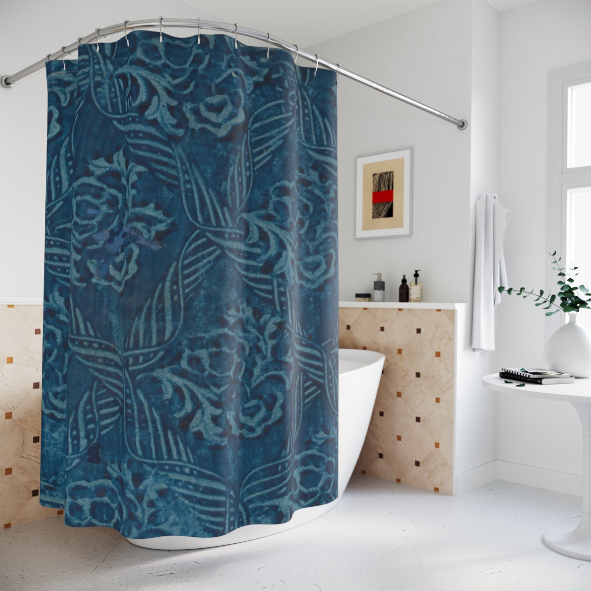 Blue Ribbon Lattice Floral Shower Curtain