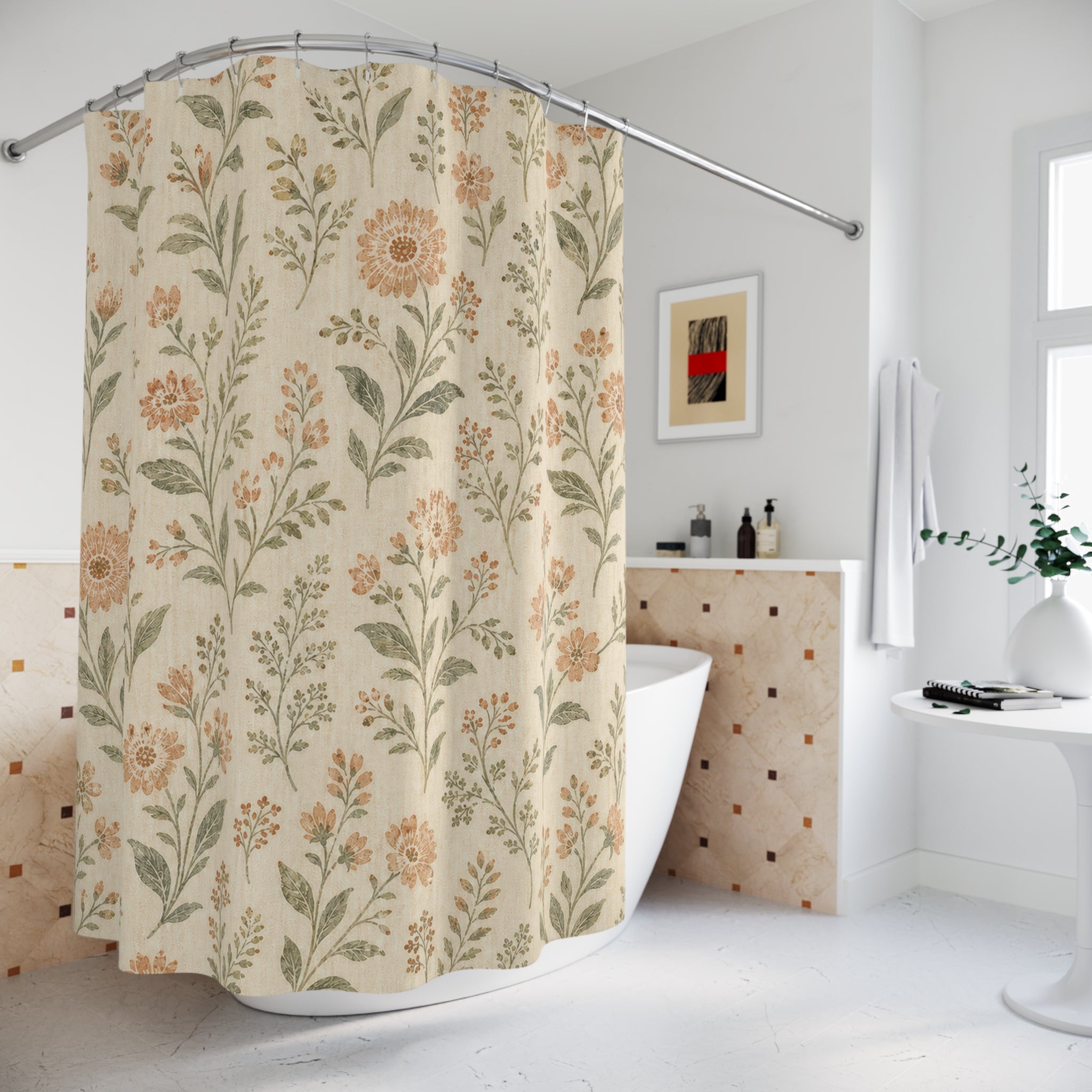 Dusty Peach Block Print Shower Curtain
