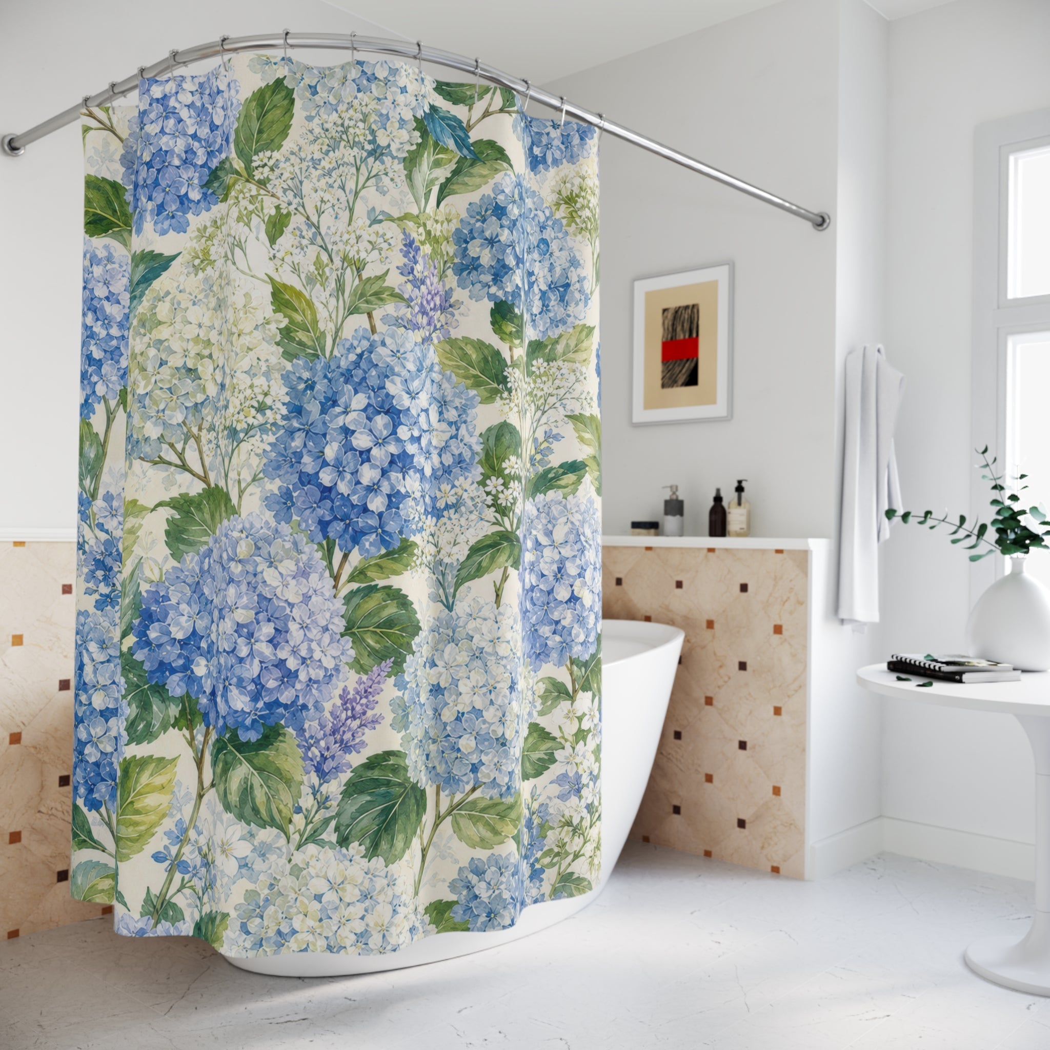 Blue Hydrangea Floral Cottage White Botanical Shower Curtain