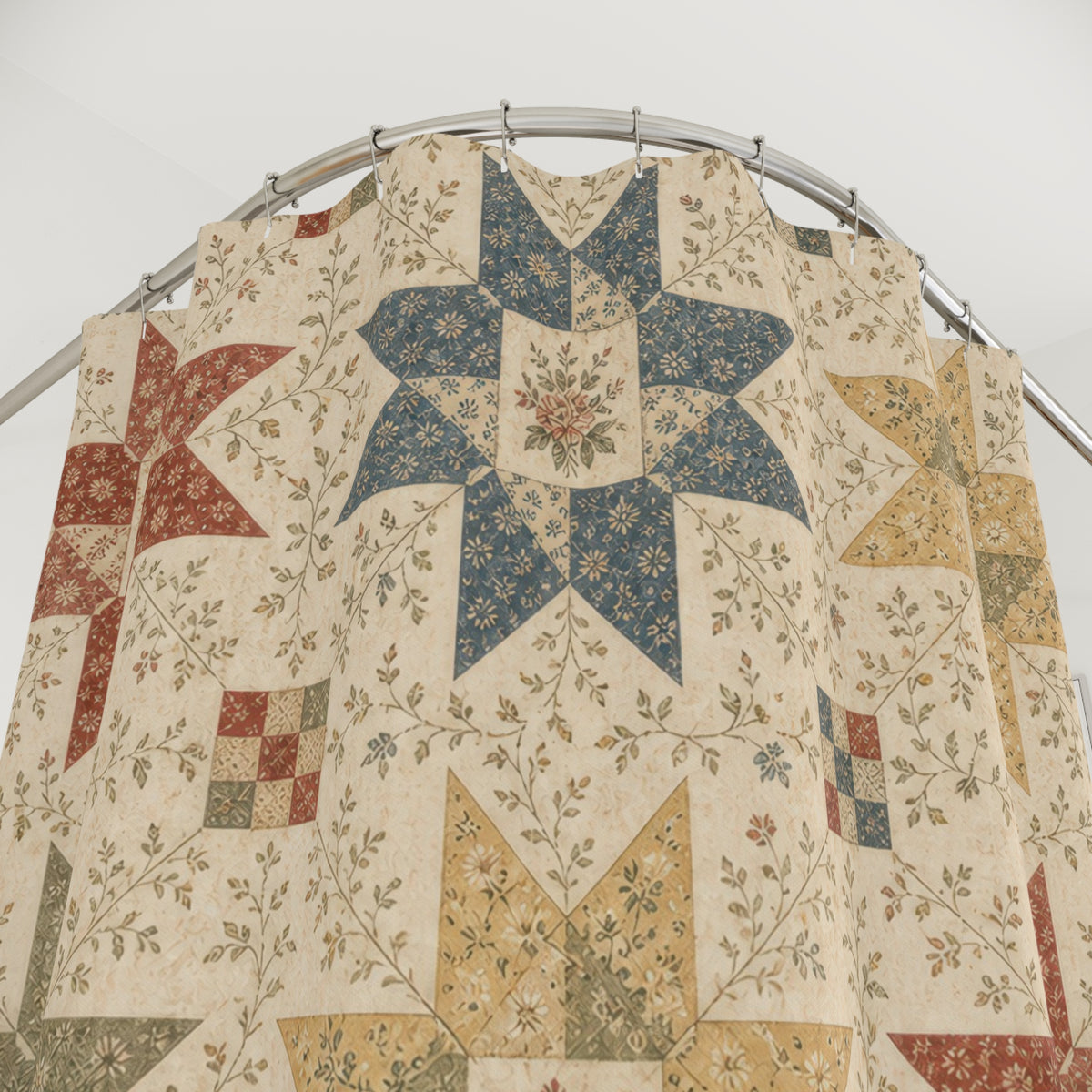 Vintage Quilt Star farmhouse calico shower curtain with close-up print, hooks, and folds