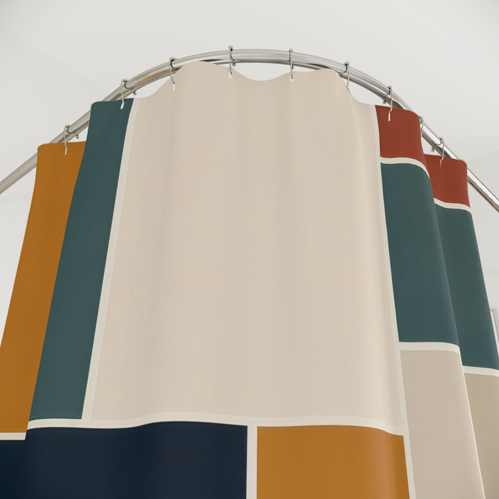 Navy ochre and teal geometric block grid shower curtain with close-up print, hooks, and folds
