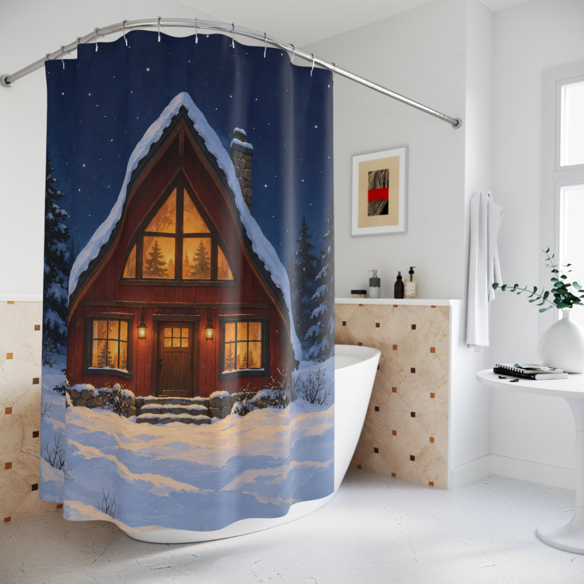 Snowy red A-frame cabin with amber windows shower curtain beside a freestanding tub