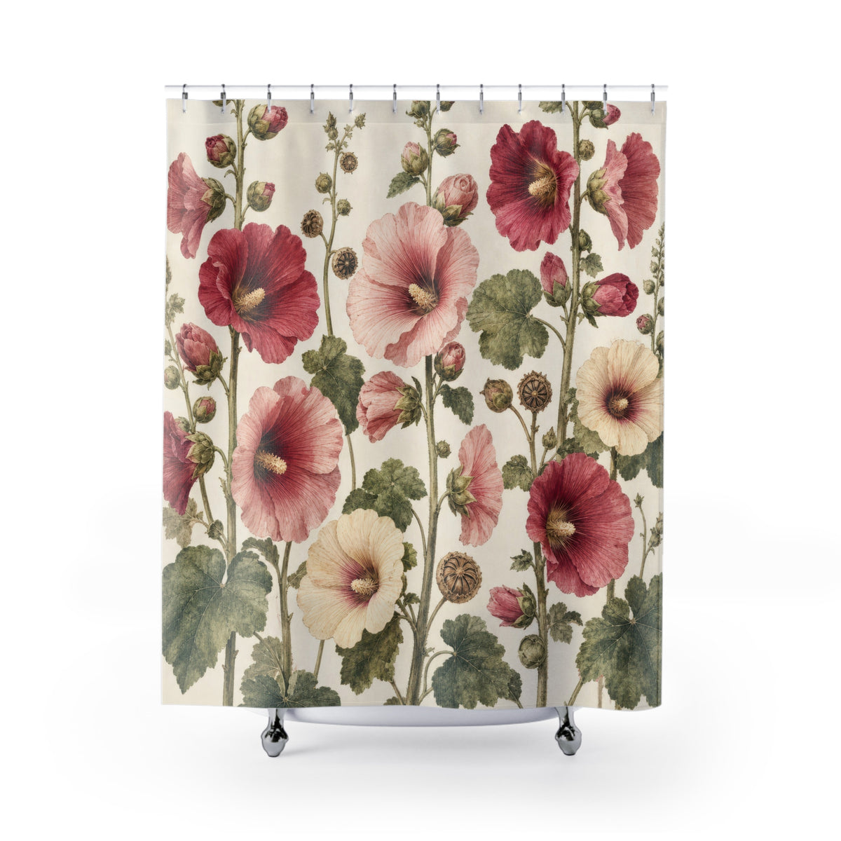 Romantic Pink Rose Cottagecore Botanical Floral shower curtain with full front view