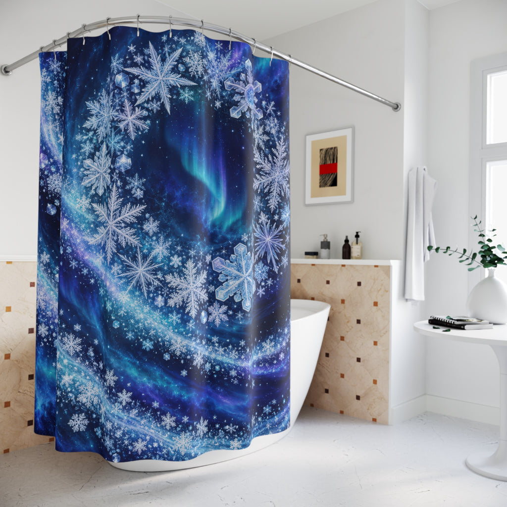 Snowflakes in blue and violet aurora light shower curtain beside a freestanding tub