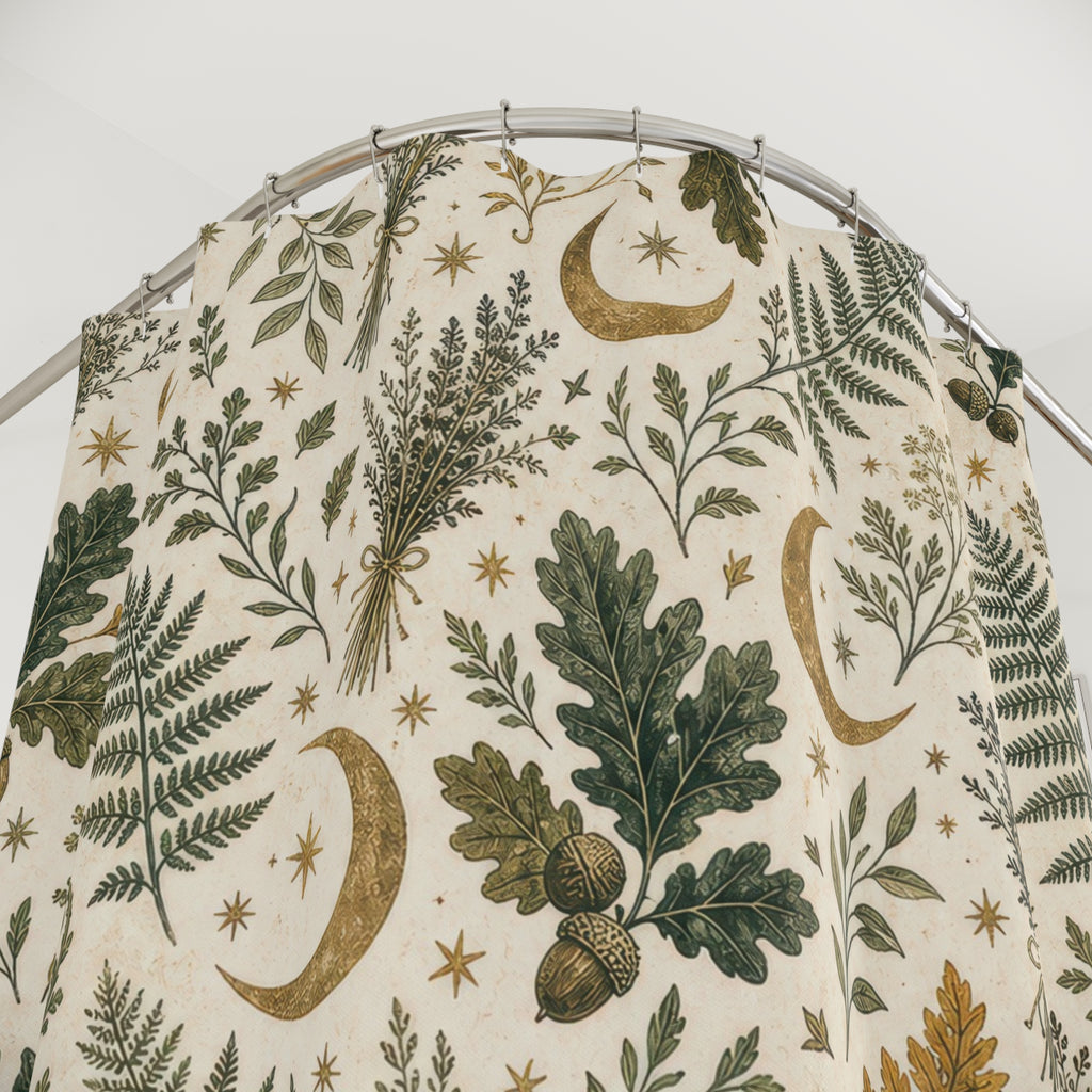 Witchy Botanical Shower Curtain, Moon Fern Bath Decor, Green Oak Leaf Herb Pattern, Cream Sage Celestial Nature Guest Bathroom Decor
