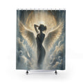 Unique Angel Shower Curtain, Halo Wing Silhouette Art, Celestial Gold Blue Bathroom Decor, Ethereal Spiritual Wall Guest Bath Gift For Home