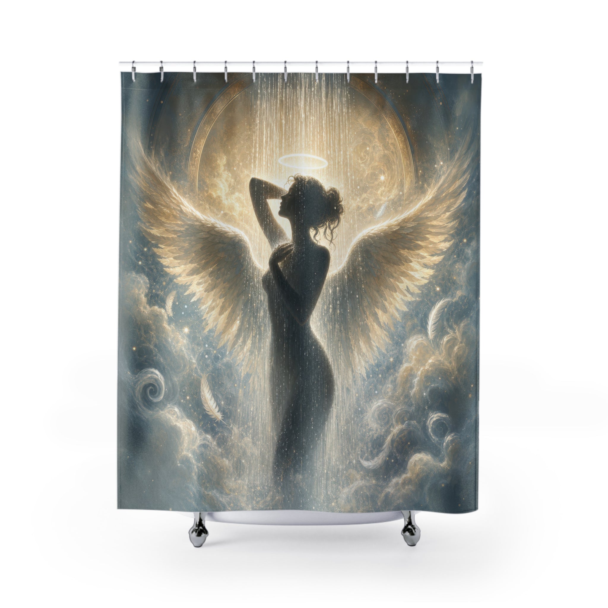 Unique Angel Shower Curtain, Halo Wing Silhouette Art, Celestial Gold Blue Bathroom Decor, Ethereal Spiritual Wall Guest Bath Gift For Home
